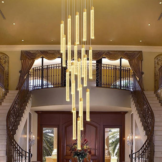 138'' Long Crystal Column Chandelier Extra Large High Ceiling Chandelier Staircase Gold 20-Lights Dimmable Led Pendant Lighting Foyer Entryway Light Source is Replaceable