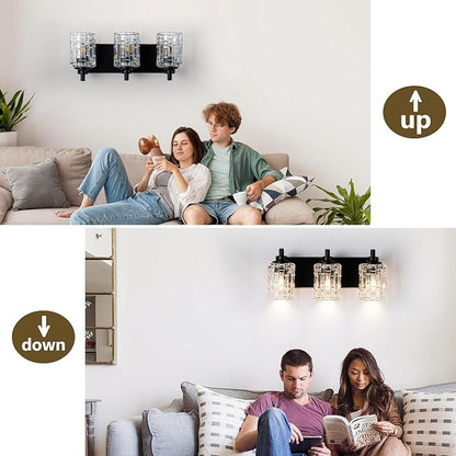 Bathroom Light Fixtures, 3-Light Black Bathroom Vanity Light, Modern Wall Sconces with Clear Glass Shade, Black Wall Lights for Mirror Kitchen Bedroom Hallway, E26 Base