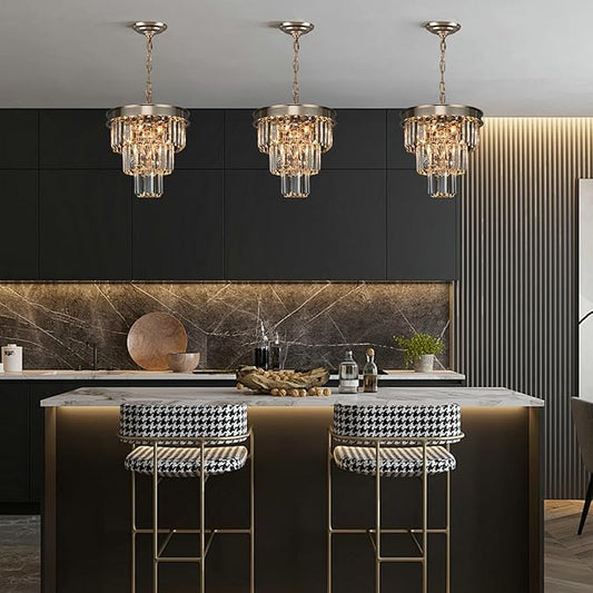 Weesalife Crystal Chandeliers for Dining Room Light Fixtures Over Table，4-Lights Modern Champagne Gold Crystal Pendant Lighting Fixture，Small Chandeliers for Kitchen Island Bedroom Entryway D12 Inch