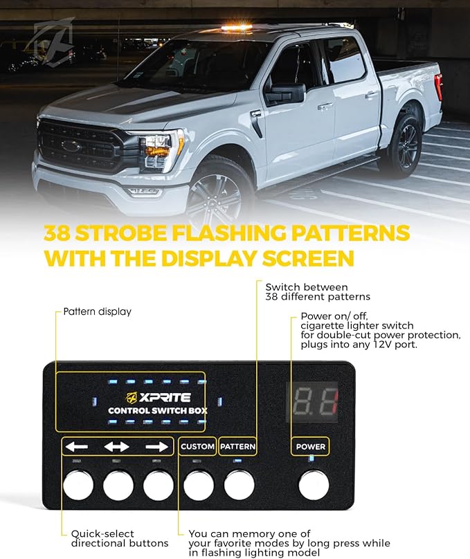 Xprite White Amber Rooftop Emergency Strobe Light Bar, US Flag Beacon Safety Flashing Warnin Lights w/Control Panel Magnetic Base for Construction Trucks Plows Postal Security Cars