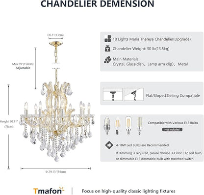 Modern Gold Crystal Chandelier Lighting - Luxury Maria Theresa Chandeliers for Dining Room, Kitchen Island, Living Room, Bedroom, 10 Lights…