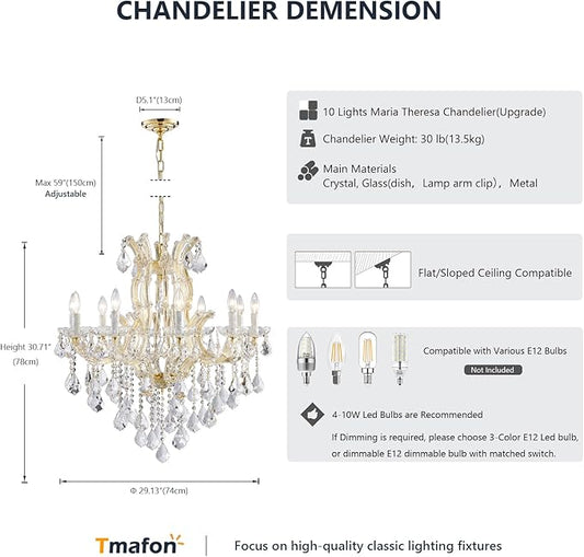 Modern Gold Crystal Chandelier Lighting - Luxury Maria Theresa Chandeliers for Dining Room, Kitchen Island, Living Room, Bedroom, 10 Lights…