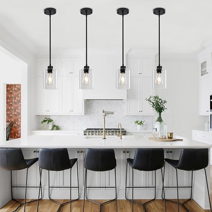 2 Pack Black Pendant Lights Kitchen Island, Modern Glass Pendant Lighting Over Island Kitchen Hanging Dining Room Light Fixtures Adjustable Pendant Lights for Bathroom Hallway Entryway Bedroom