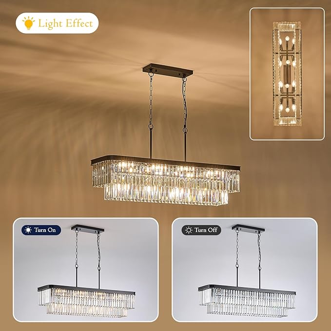 L40” Large Modern Rectangular Chandeliers 12 Lights Luxury K9 Crystal Ceiling Pendant Light Fixture Modern Black Long Chandelier for Kitchen Island Dining Room Living Room Bar