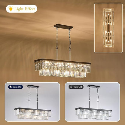 L40” Large Modern Rectangular Chandeliers 12 Lights Luxury K9 Crystal Ceiling Pendant Light Fixture Modern Black Long Chandelier for Kitchen Island Dining Room Living Room Bar