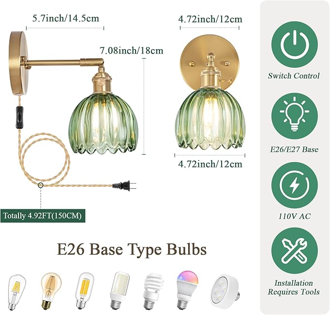 Plug-in Wall Sconce, Vintage Wall Decorative Lamp with Green Glass Shade, Indoor Plug-in Wall Sconce for Bedroom, Living Room, Hallway