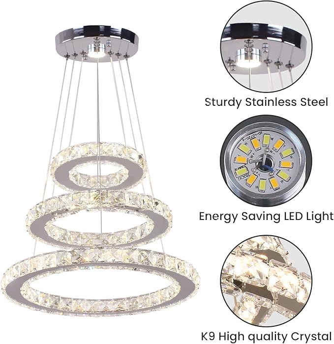 Modern Dimmable LED Chandelier 3 Rings Crystal Chandelier with Remote Stainless Steel Adjustable Pendant Light for Living Dining Room Bedroom