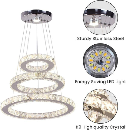 Modern Dimmable LED Chandelier 3 Rings Crystal Chandelier with Remote Stainless Steel Adjustable Pendant Light for Living Dining Room Bedroom