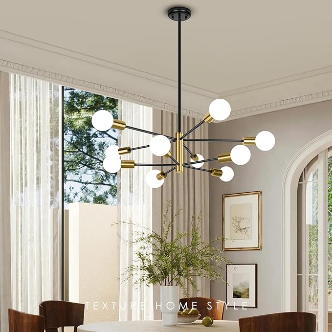 BesLowe 31'' 10-Light Modern Sputnik Chandelier, Mid Century Black & Gold Chandeliers Lighting, Farmhouse Ceiling Hanging Light Fixture for Dining Room Bedroom Room Kitchen Foyer, Height Adjustable