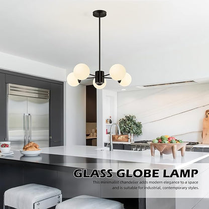 Bagood 5-Light Globe Sputnik Chandelier Mid Century Sputnik Chandeliers Modern Black Globe Pendant Light Matte Black Finished with White Frosted Glass Lampshade for Dining Room Bedroom Kitchen