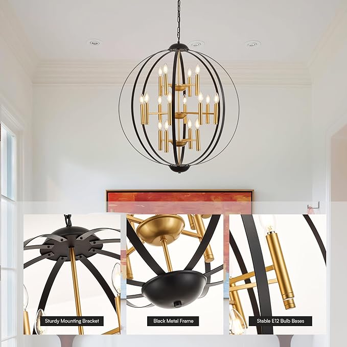 31.5''Black Gold 16-Light Globe Chandelier, Modern Industrial Adjustable Hanging Ceiling Pendant Light Fixture for Entryway Foyer Stairway Hallway Bedroom Living Room Kitchen Island