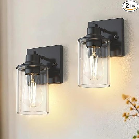 DORESshop Wall Sconces Set of 2 for Bathroom, Modern Vanity Light Fixtures with Clear Glass Shade, Black Wall Mount Lighting Lanterns for Bedroom Living Room Mirror Hallway Kitchen