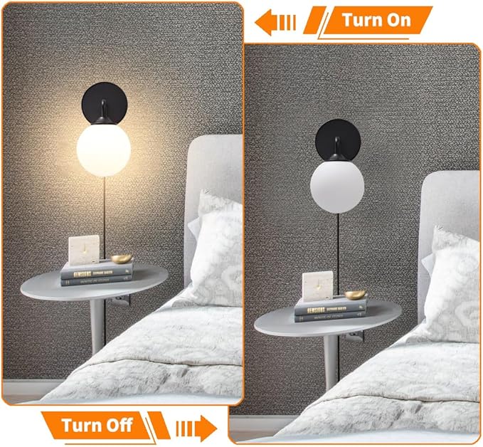 Black Plug in Wall Sconces Set of 2, Wall Light with Plug in Cord On/Off Switch, Mid Century Art Deco Plug Sconce with Milky White Globe Glass Lampshade Wall Lamp for Bedroom Living Room Hallway