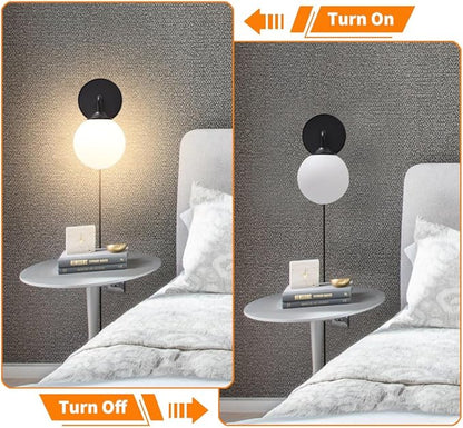 Black Plug in Wall Sconces Set of 2, Wall Light with Plug in Cord On/Off Switch, Mid Century Art Deco Plug Sconce with Milky White Globe Glass Lampshade Wall Lamp for Bedroom Living Room Hallway