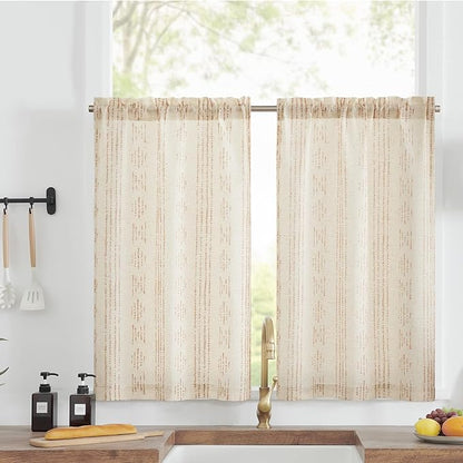 jinchan Boho Kitchen Curtains Linen Tier Curtains 24 Inches Bohemian Cafe Small Drapes Striped Mudcloth Farmhouse for Bathroom RV Camper Light Filtering Rod Pocket 2 Panels Taupe on Beige