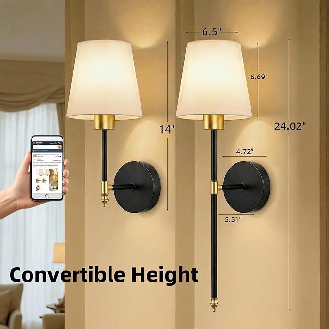 IRONPAX Wall Sconces Battery Operated Set of 2, Wireless Rechargeable Wall Sconce Set of Two, Dimmable Wall Lights with Remote for Bedroom Living Room Hallway Decor (Gold-Black, Fabric Shade)