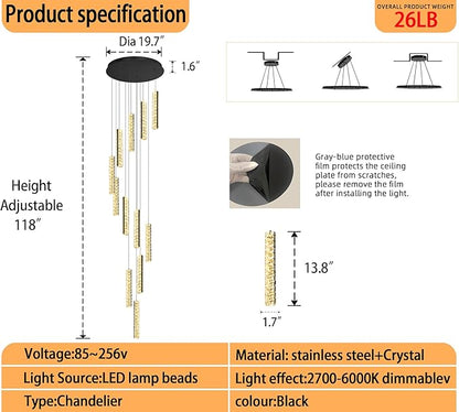 Long Spiral Crystal Chandelier Lighting for Foyer 12-Light Black Staircase Chandelier High Ceiling Slopped LED Dimmable 2700K-6000K