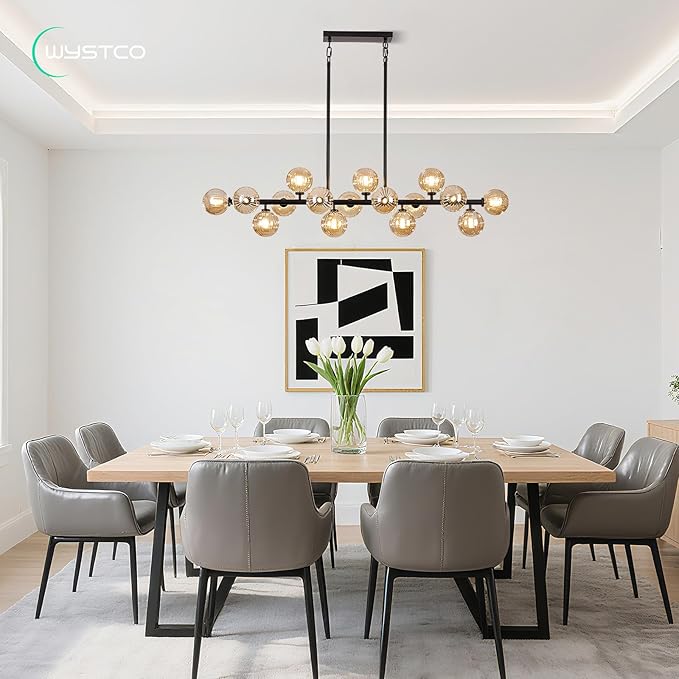 56 Inch Black Linear Chandeliers for Dining Room, Kitchen Island, Living Room, 16-Light Mid Century Modern Light Fixture Over Table, Large Amber Glass Globe Sputnik Bubble Chandelier