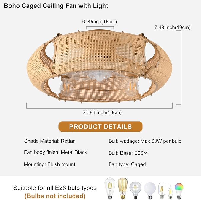 Ganeed 20.86" Boho Caged Ceiling Fan with Lights and Remote, Flush Mount Low Profile Rattan Ceiling Fans with Lights, Enclosed 6 Speeds Farmhouse Woven Ceiling Fan for Bedroom, Living Room, Kitchen