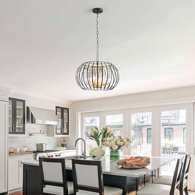 17.7" Modern Crystal Chandelier Black and Gold Drum Pendant Lighting Fixture Round Rustic Metal Shade 4-Light for Dining Room Living Room Bedroom Hallway