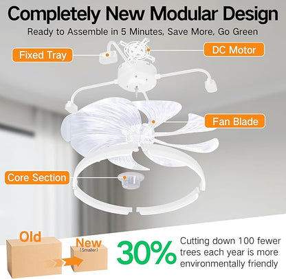 OUTON 24" Ceiling Fan with Light, Remote & App Control, Fandelier Low Profile Flush Mount Ceiling Fan with 3000K-6500K Stepless Dimmable, 6 Speed, Quiet DC Motor, Modern Ceiling Fans for Bedroom White