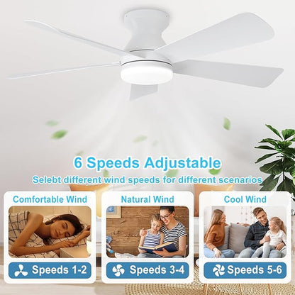 Depuley Modern Ceiling Fan with Light: 42-Inch White Small Fans for Bedroom Indoor Outdoor - Dimmable Low Profile Ceiling Fans with Remote Control Flush Mount 5 Reversible White Blades 6 Speeds Timer