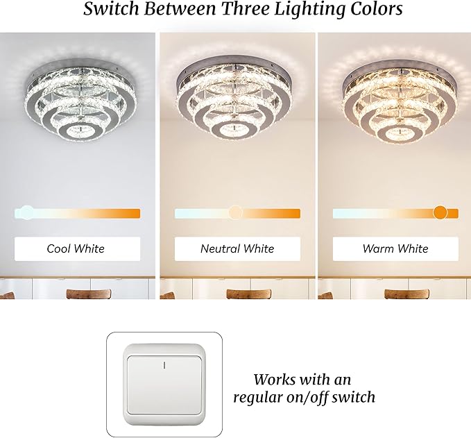 13.8" Flush Mount Chandelier LED Crystal Ceiling Light Fixture 3 Tier Ring Crystal Chandeliers for Bedrooms Dining Room Living Room,3 Colors Adjustable