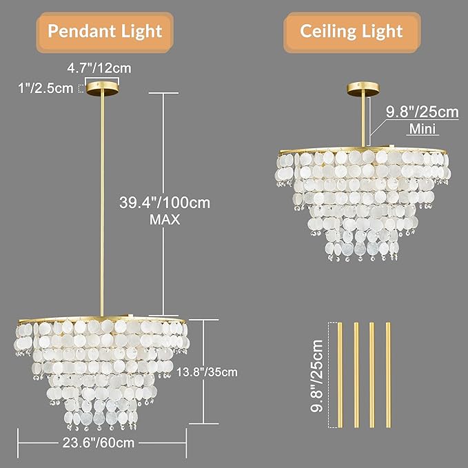 Natural Capiz Shell Chandelier, Coastal Modern Chandelier, Hanging Round Layered Pendant Lighting(4 Light, Gold)