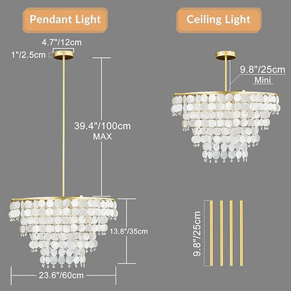 Natural Capiz Shell Chandelier, Coastal Modern Chandelier, Hanging Round Layered Pendant Lighting(4 Light, Gold)