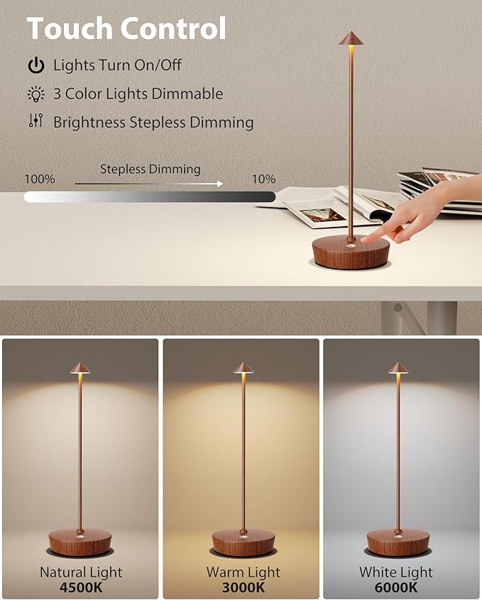 Cordless Table Lamps Rechargeable, 6000mAh Battery Operated LED Desk Lamp Outdoor Waterproof Portable Touch Dimmable Table Night Light for Patio Restaurant Dining Home Set of 2 Wood Grain