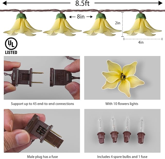Flower String Lights Plug in with 10 LED Bulbs, Decorative Spring String Lights Indoor for Bedroom, Connectable Flower Fairy Lights Outdoor for Patio Garden Porch Floral Wedding Gifts(Yellow Lily)