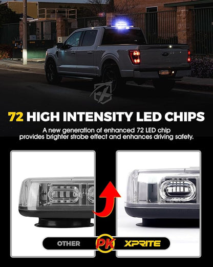 Xprite Upgraded 12" 72LED Rooftop Mini Strobe Lights, Emergency Safety Flashing Beacon Light Bar with Magnetic Base for 12V-24V Construction Vehicles, Trucks, Snow Plow, Postal Car (Blue)