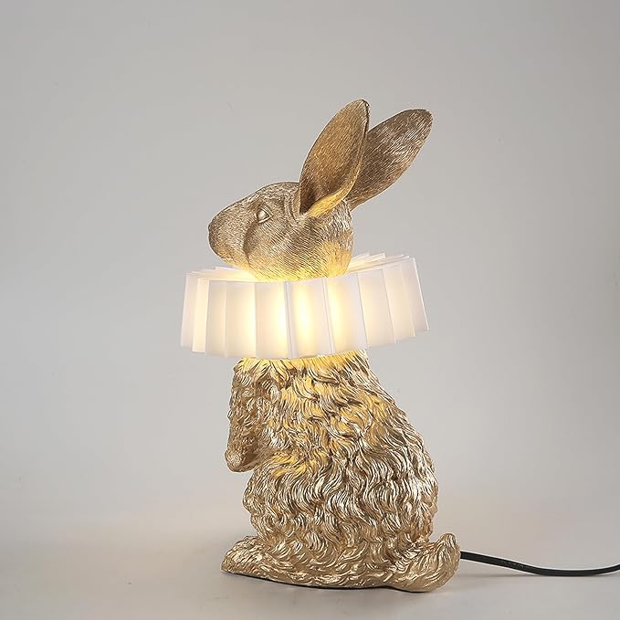 Gold Standing Bunny Lamp, Resin Scarf Rabbit Table Lamp with White Pleated PC Lampshade, USB Plug LED Nightstand Lamp, Cute Bedside Night Light for Bedroom Nursery Home Decor