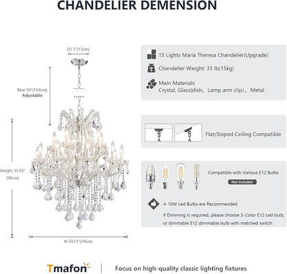 Modern Chrome Chandelier Light Fixture - Luxury Maria Theresa Crystal Chandeliers for Dining Room, Kitchen Island, Living Room, Bedroom, 15 Lights, 2 Layers