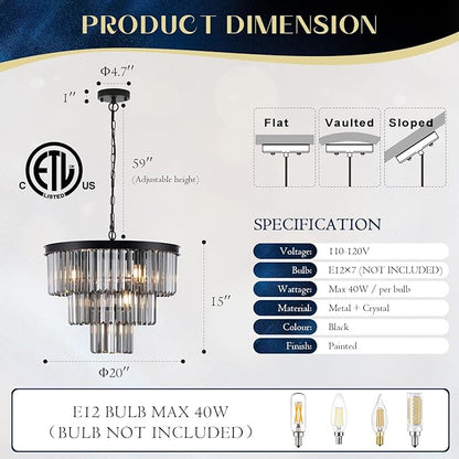 Smoke Gray Crystal Chandeliers Black Round 20" Chandelier Modern 3 Tiers 7-Light Ceiling Pendant Light Fixture Luxury K9 Crystal Lighting for Dining Room Bedroom Kitchen Foyer