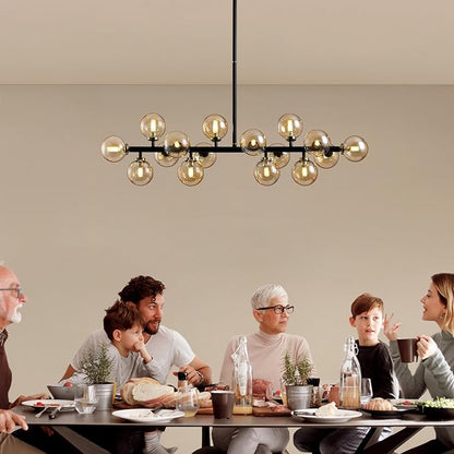 Mid Century Modern Chandeliers for Dining Room, 39" Linear Pendant Light Fixtures with Amber Glass Globe, 16-Light Sputnik Hanging Light for Living Room Kitchen Island