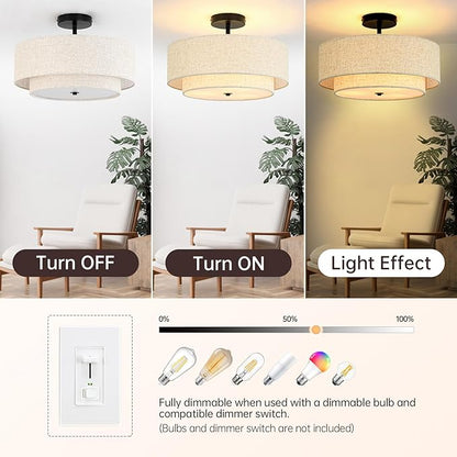 16" Semi Flush Mount Ceiling Light, 3-Light Drum Ceiling Light Fixture with 2-Tier Fabric Linen Shade, Farmhouse Chandelier for Dining Room, Living Room, Bedroom, Kitchen, Hallway, Entryway