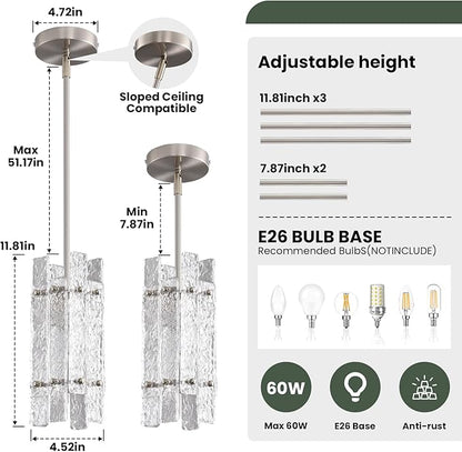Brushed Nickel Crystal Pendant Light for Kitchen Island, Modern Luxury Mini Water Ripple Glass Chandelier Fixture, Square Adjustable Hanging Pendant Lighting for Dining Room Bedroom Hallway (1-Pack)