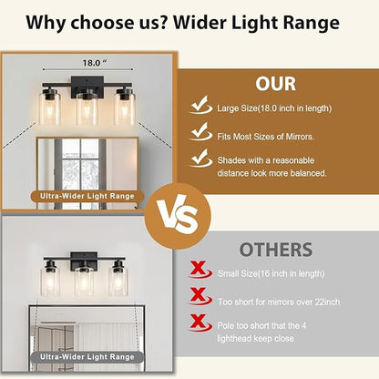 IZORRO Modern Bathroom Light Fixtures, 3 Light Black Vanity Lights, Bathroom Lighting Fixtures Over Mirror with Clear Glass for Living Room Cabinet Bedroom