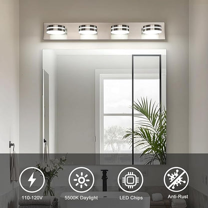 Brushed Nickel Vanity Lights for Bathroom, 4-Light Bathroom Light Fixtures Over Mirror, LED Dimmable Bath Lighting Fixture, Modern Wall Mounted Lighting Fixture