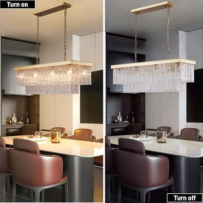 35.4 Inch 11-Light E12 Modern Dining Room Chandelier, Kitchen Island Chandelier Gold Rectangular, Water Ripple Glass Adjustable Hanging Ceiling Light Fixture