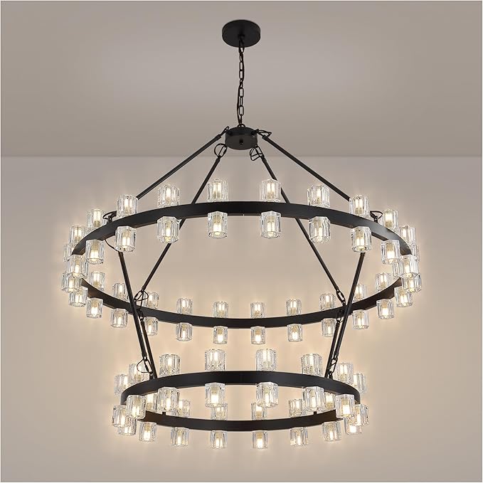48 Inch Black Wagon Wheel Chandelier with Crystal Shade, 2 Tier 80 Lights, Modern Farmhouse Style, Ideal for Dining Room, Kitchen, Entryways