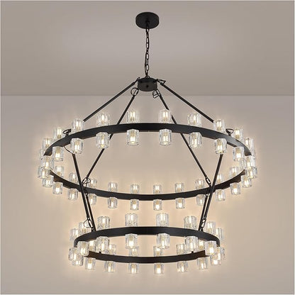 48 Inch Black Wagon Wheel Chandelier with Crystal Shade, 2 Tier 80 Lights, Modern Farmhouse Style, Ideal for Dining Room, Kitchen, Entryways