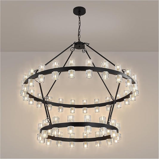 48 Inch Black Wagon Wheel Chandelier with Crystal Shade, 2 Tier 80 Lights, Modern Farmhouse Style, Ideal for Dining Room, Kitchen, Entryways