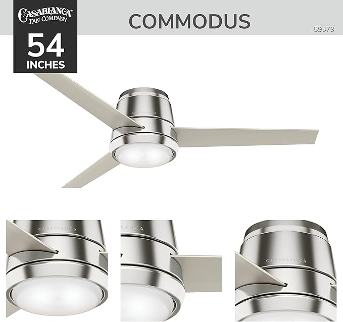 Casablanca 54 inch Indoor Ceiling Fan with LED Light - Low Profile Flush Mount Ceiling Fan for Bedroom, Living Room, or Kitchen, Wall Control, 3 Blades, Includes Bulb - Commodus 59573, Brushed Nickel