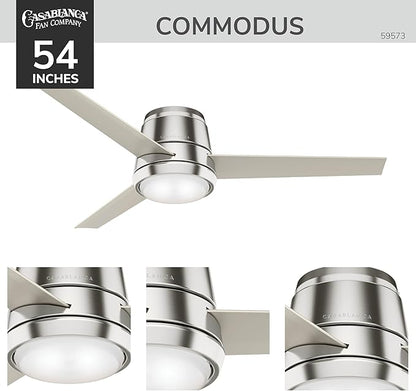 Casablanca 54 inch Indoor Ceiling Fan with LED Light - Low Profile Flush Mount Ceiling Fan for Bedroom, Living Room, or Kitchen, Wall Control, 3 Blades, Includes Bulb - Commodus 59573, Brushed Nickel