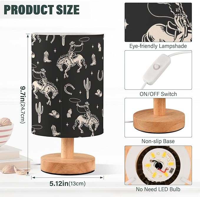 Bedside Table Lamp Western Cowboy Cactus Black Nightstand Lamp with Wood Desk Lamps for Bedroom Living Room Nursery Office Home Decor