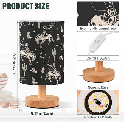 Bedside Table Lamp Western Cowboy Cactus Black Nightstand Lamp with Wood Desk Lamps for Bedroom Living Room Nursery Office Home Decor