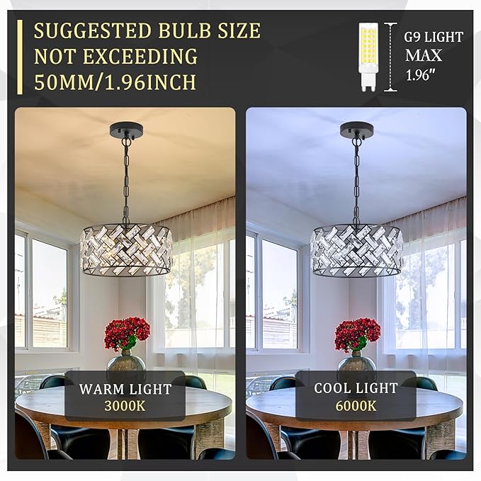 CATINER Small Black Crystal Chandelier 12", Modern 4-Light Ceiling Light, Semi Flush Mount or Hanging Pendant with Adjustable Height for Kitchen Island, Entryway, Hallway