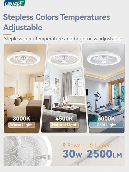 LEDIARY 20" Bladeless Ceiling Fan with Light,Low Profile LED Ceiling Fans with Remote & Smart APP Control,Modern Enclosed Flush Mount Fandelier with Timming,6 Speed,3000-6000K,Bedroom,Kids Room-White